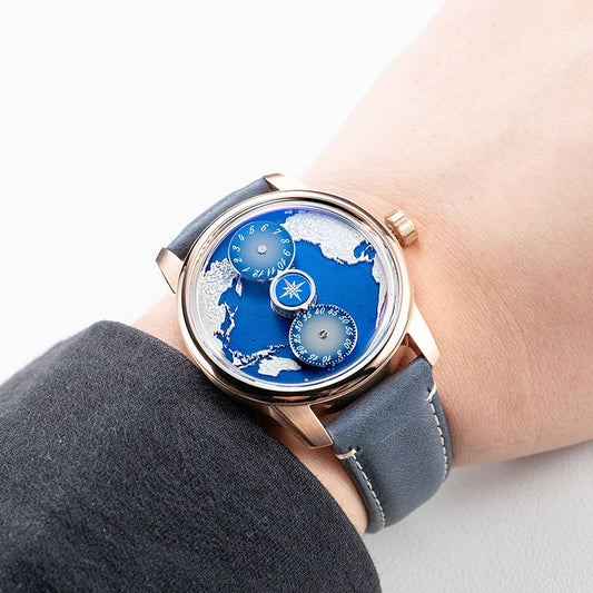 Three-Wheel Automatic Watch with Earth Dial