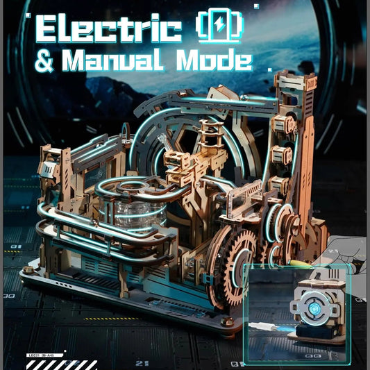 Mechanical model with electric and manual mode text on a dark background