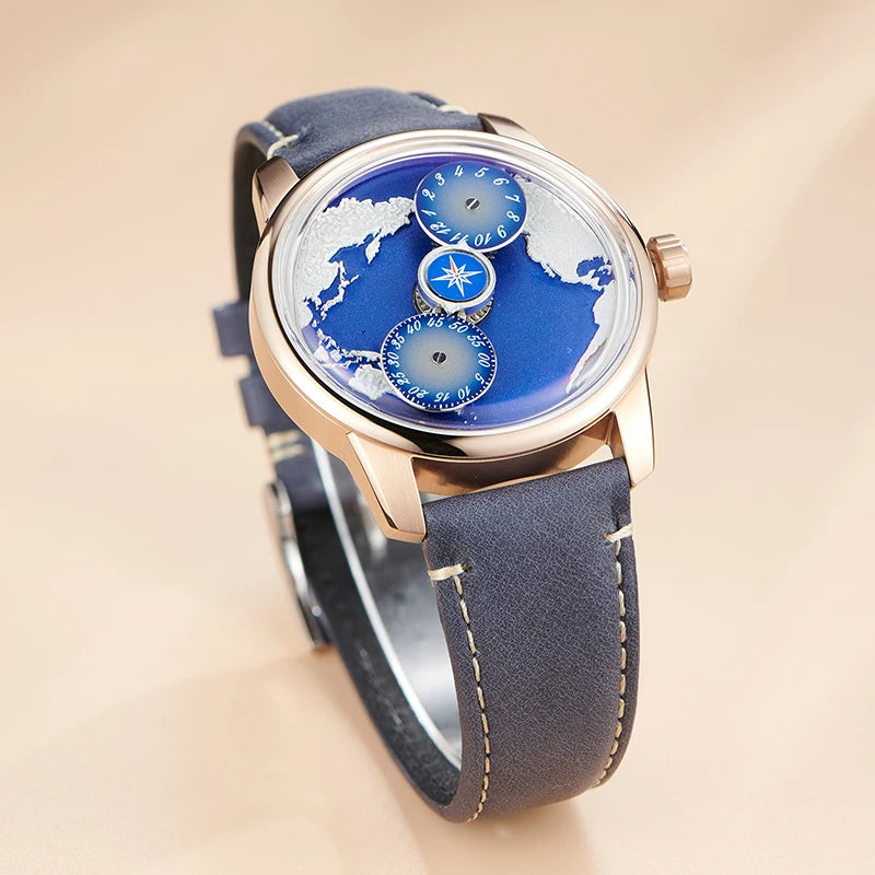 Three-Wheel Automatic Watch with Earth Dial