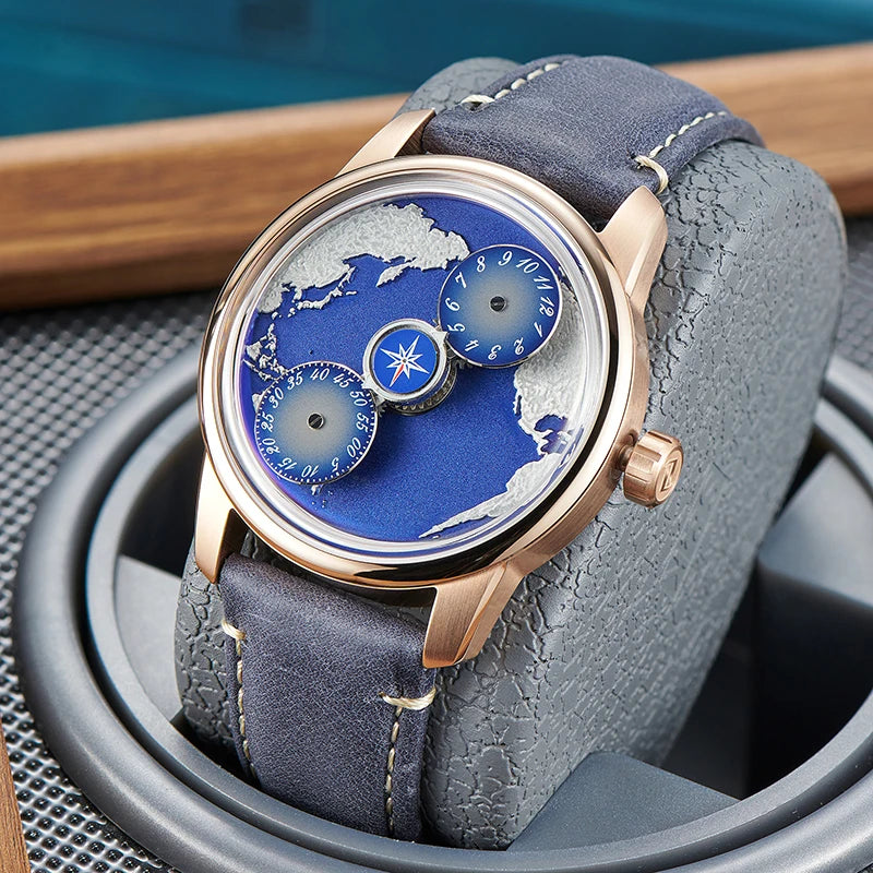 Three-Wheel Automatic Watch with Earth Dial