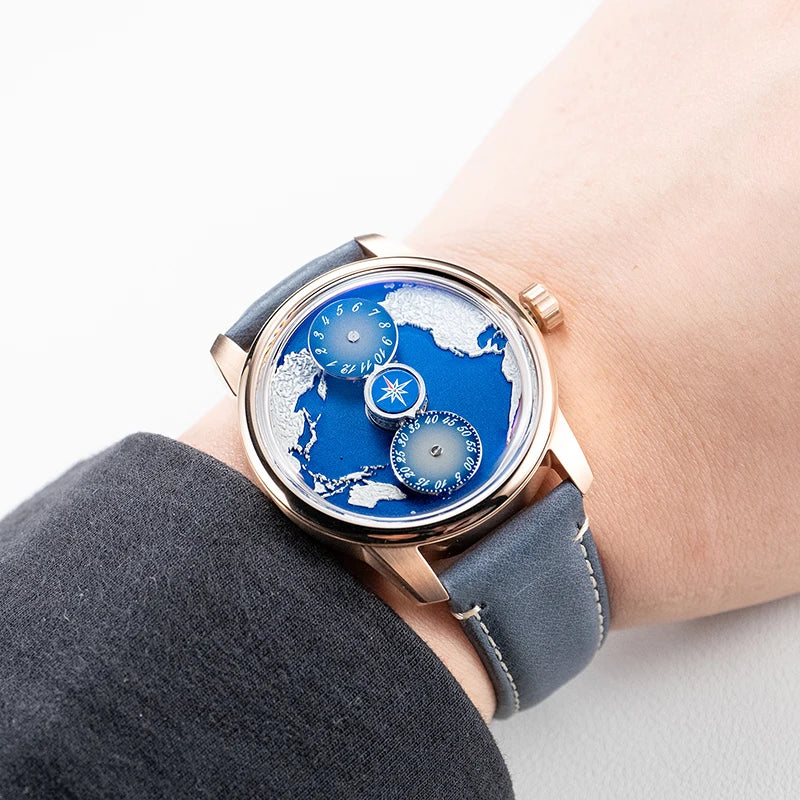 Three-Wheel Automatic Watch with Earth Dial