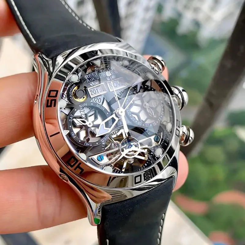 Steel Tourbillon Watch with Calendar & Sapphire Glass