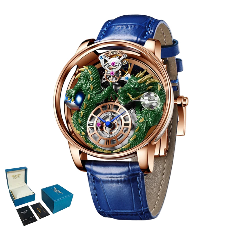 Luxury watch with blue leather strap and intricate design, featuring Pindu brand logo.