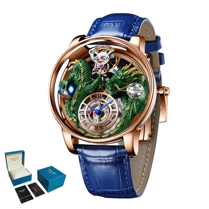 Luxury watch with blue leather strap and intricate design, featuring Pindu brand logo.