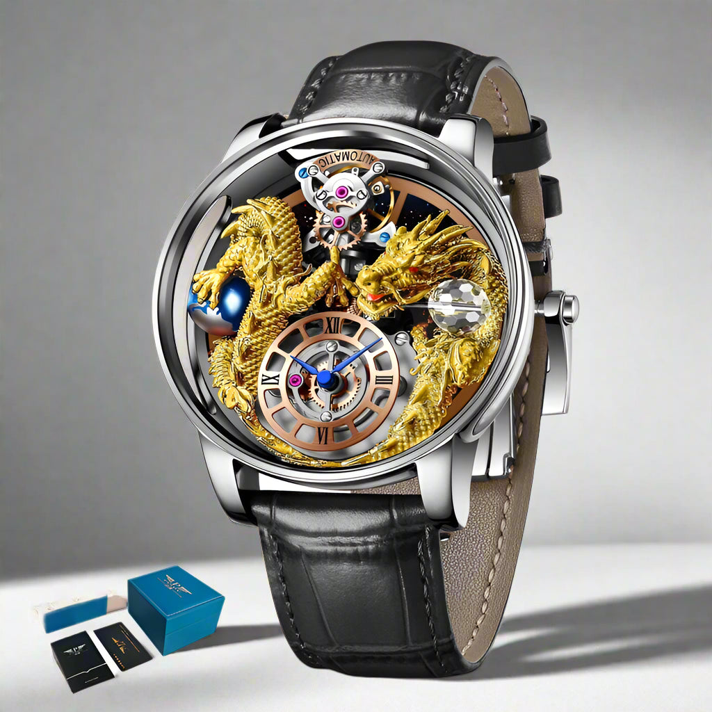 Luxury watch with dragon design and black leather strap, featuring Pindu brand.