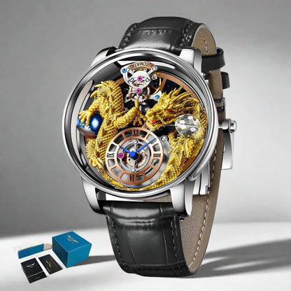 Luxury watch with dragon design and black leather strap, featuring Pindu brand.