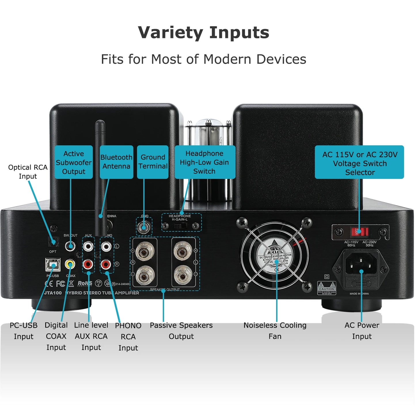 Hybrid Tube Amplifier 200W RMS with Optical AUX RCA Inputs