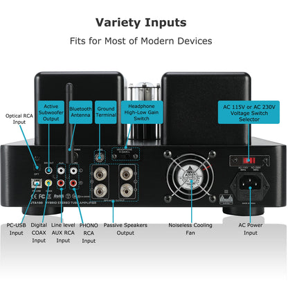 Hybrid Tube Amplifier 200W RMS with Optical AUX RCA Inputs