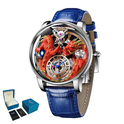 Luxury watch with dragon design and blue leather strap, featuring Pindu brand.