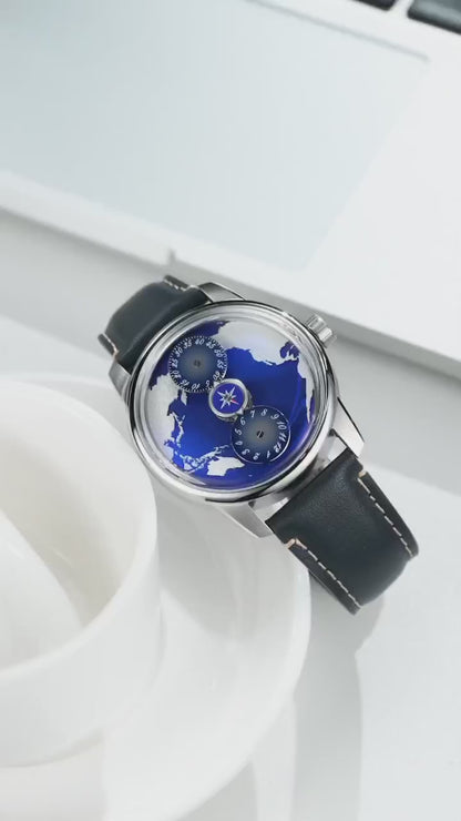 Three-Wheel Automatic Watch with Earth Dial